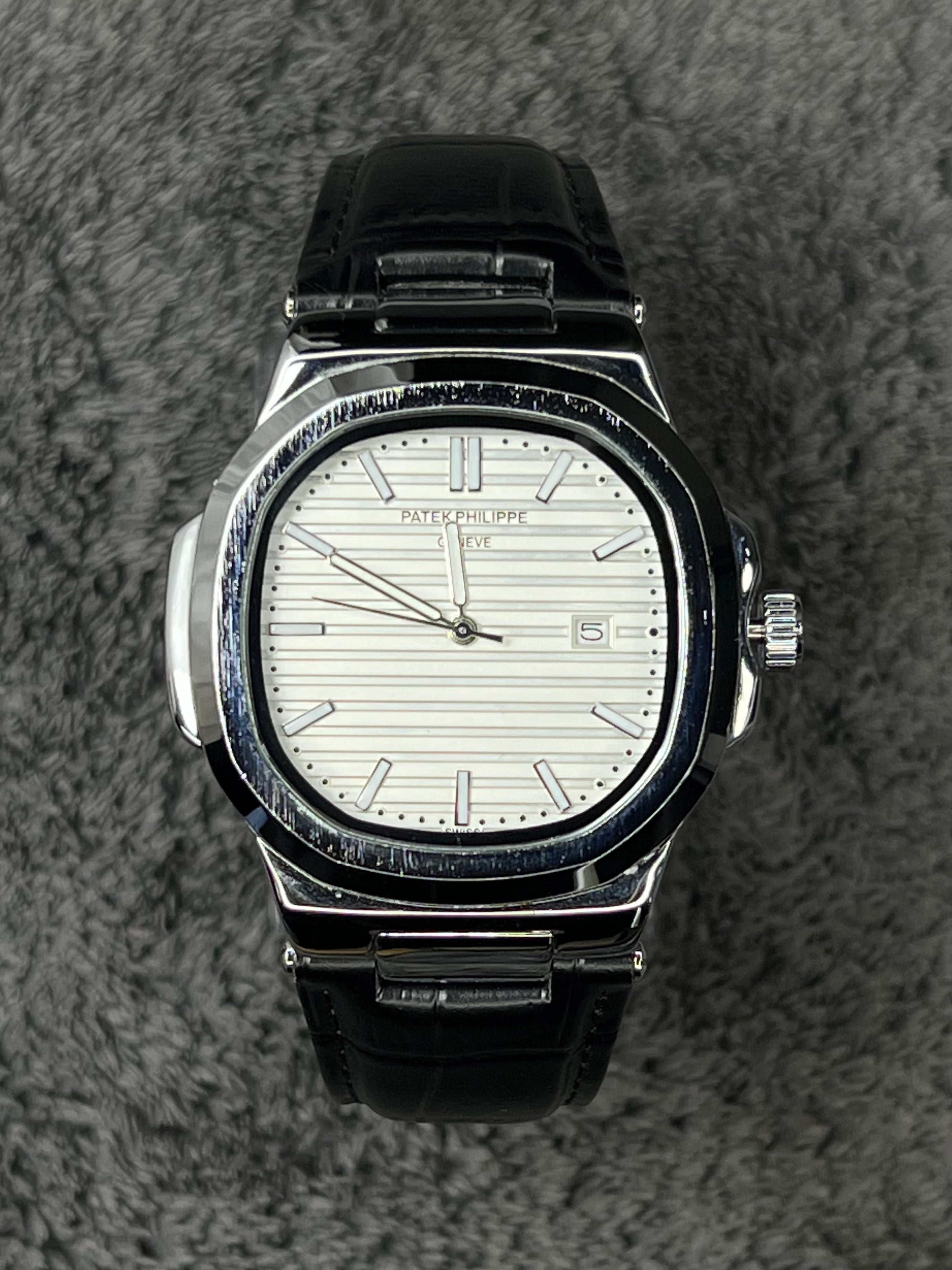 Patek Philip Luxury Watch – Leather Black and White (Buckle Lock)