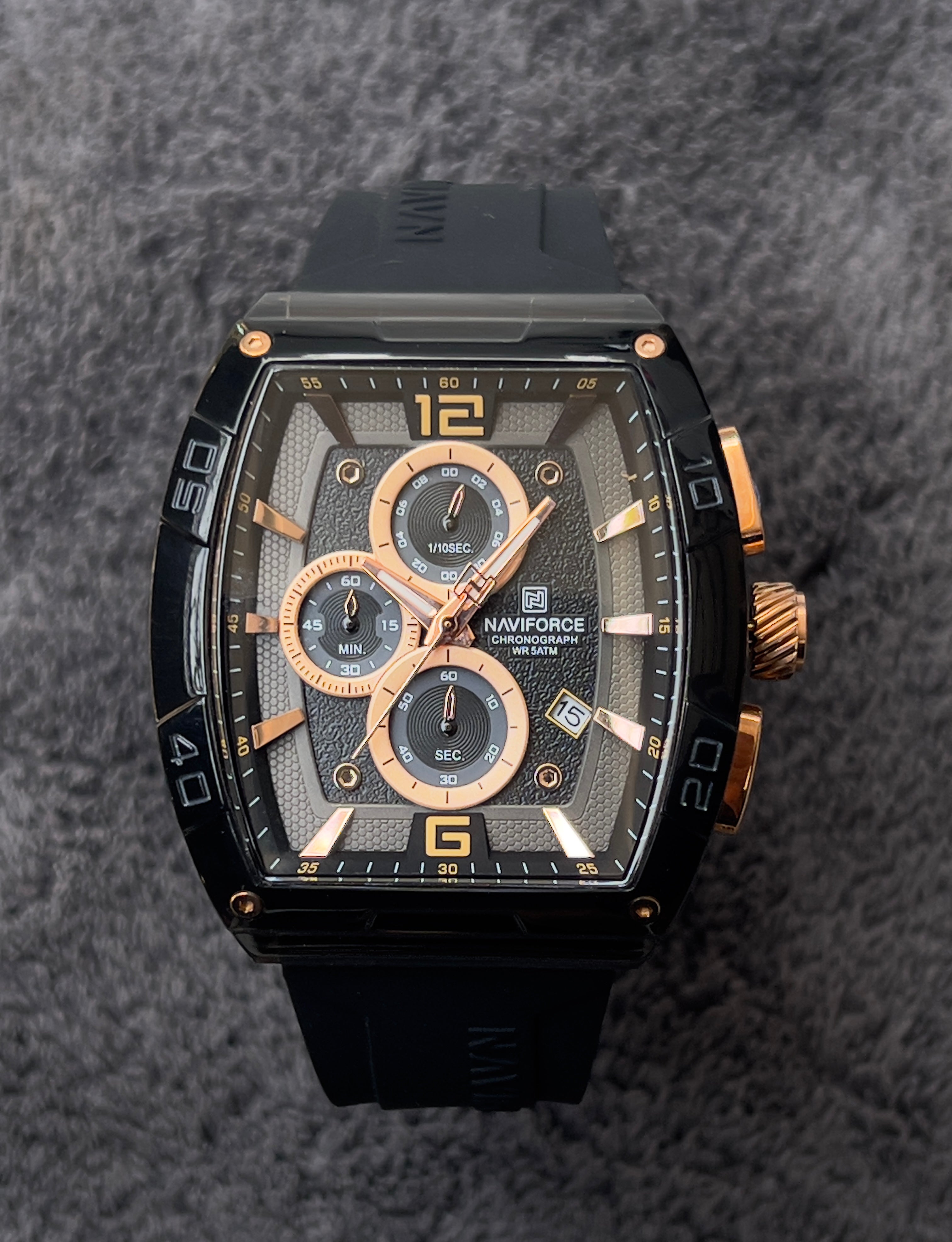 NF Luxury Chronograph Watch – Black & Rose Gold Rubber Strap