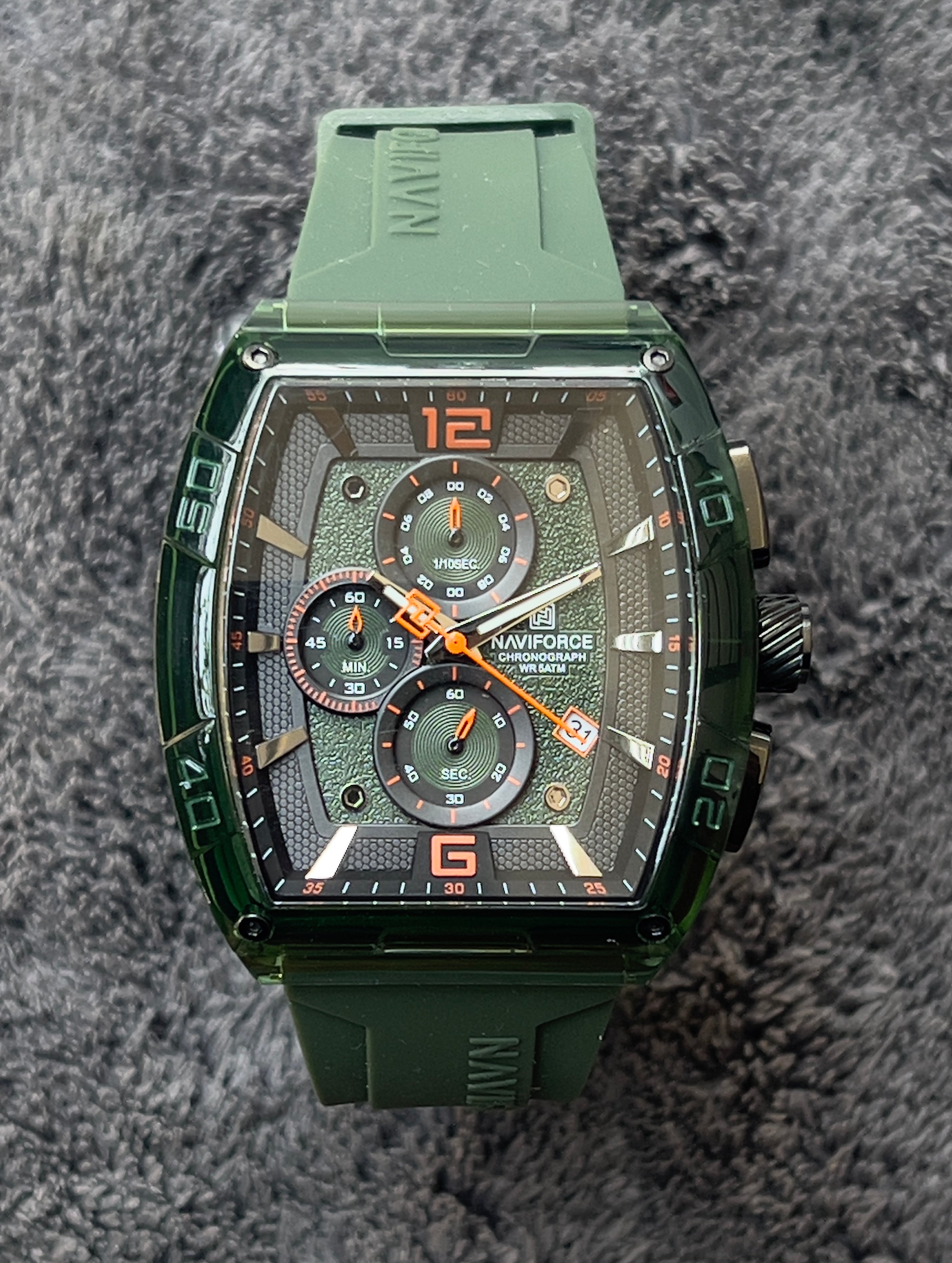 NF Luxury Chronograph Watch – Green & Black Rubber Strap