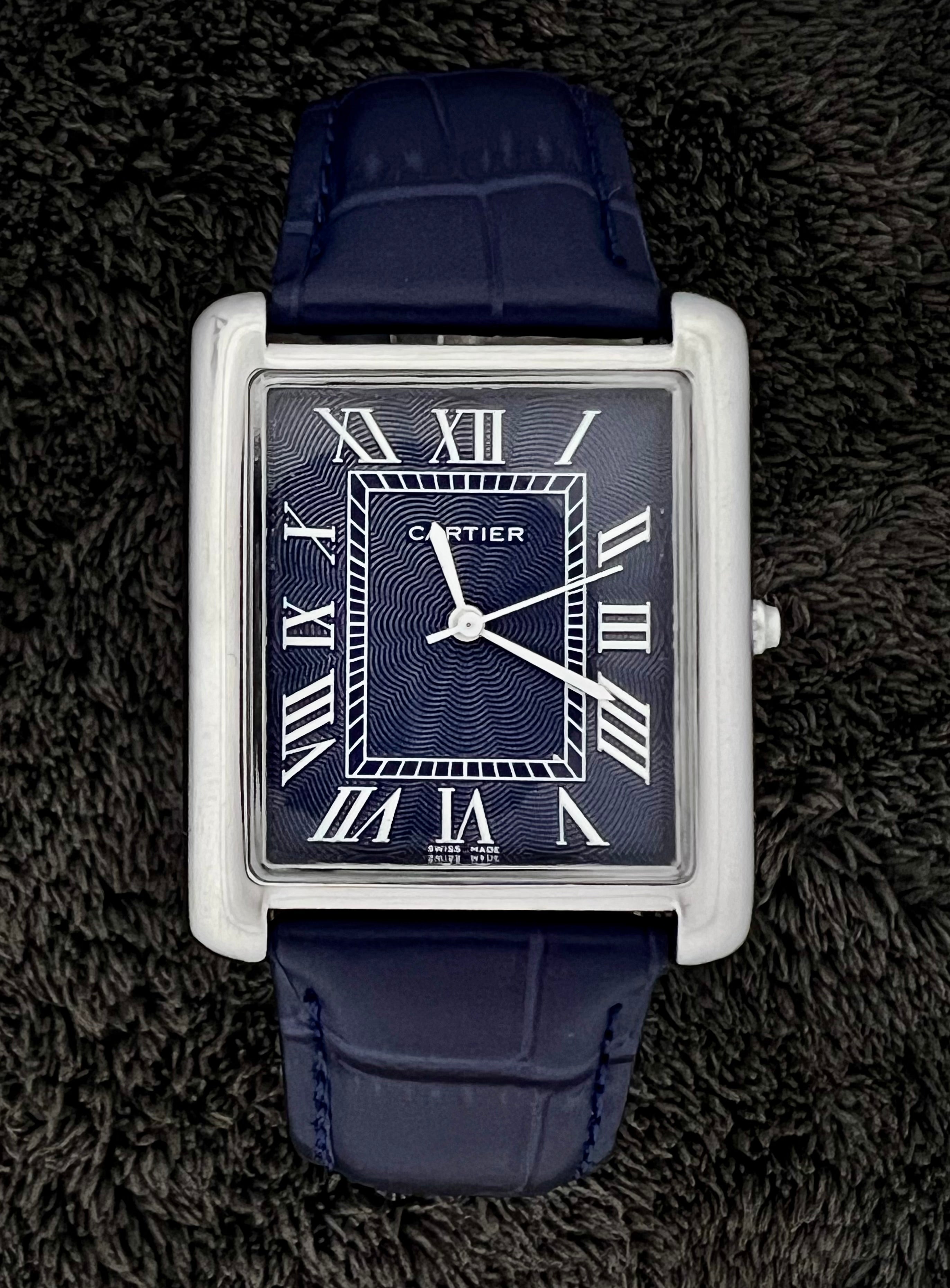 Cartier Tank Roman Numerals Watch – Blue-Silver Leather Strap | Blue Dial