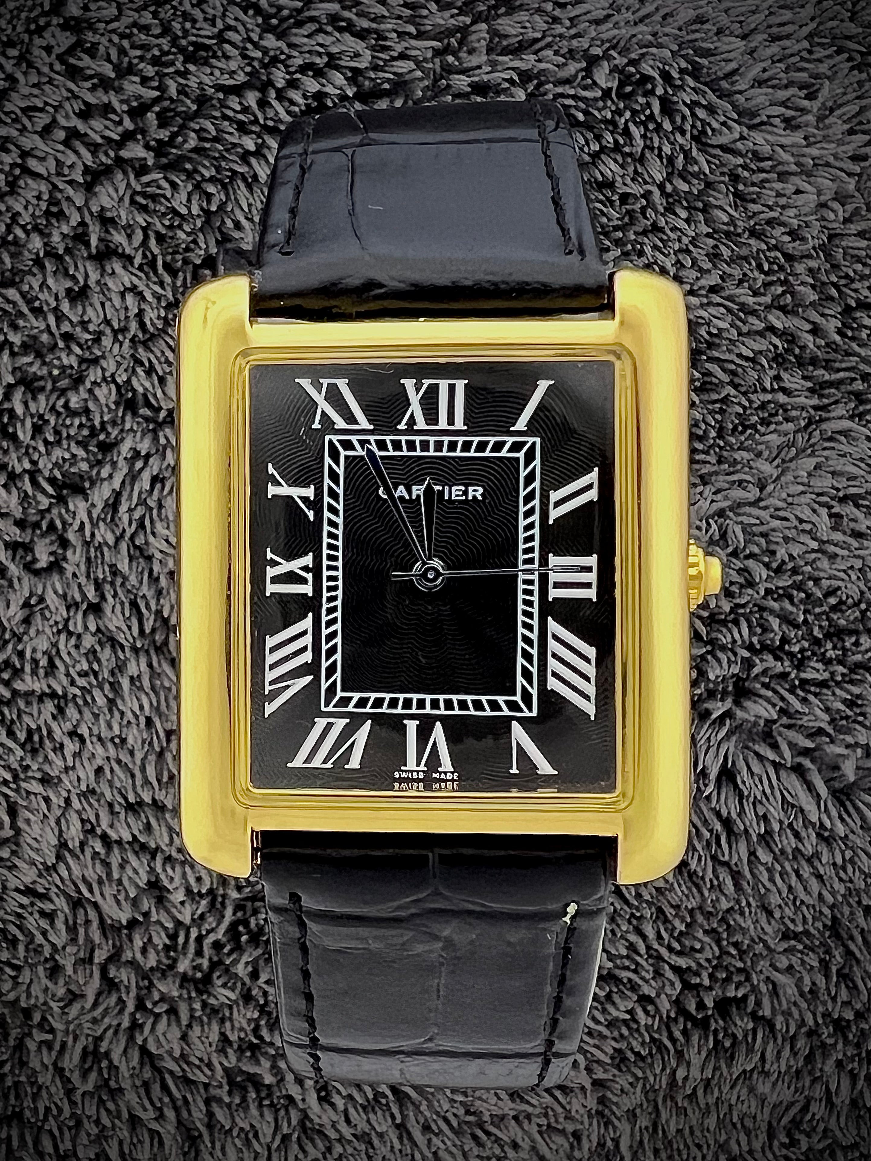 Cartier Tank Roman Numerals Watch – Black-Golden Leather Strap | Black Dial