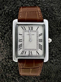 Cartier Tank Roman Numerals Watch – Brown-Silver Leather Strap | White Dial
