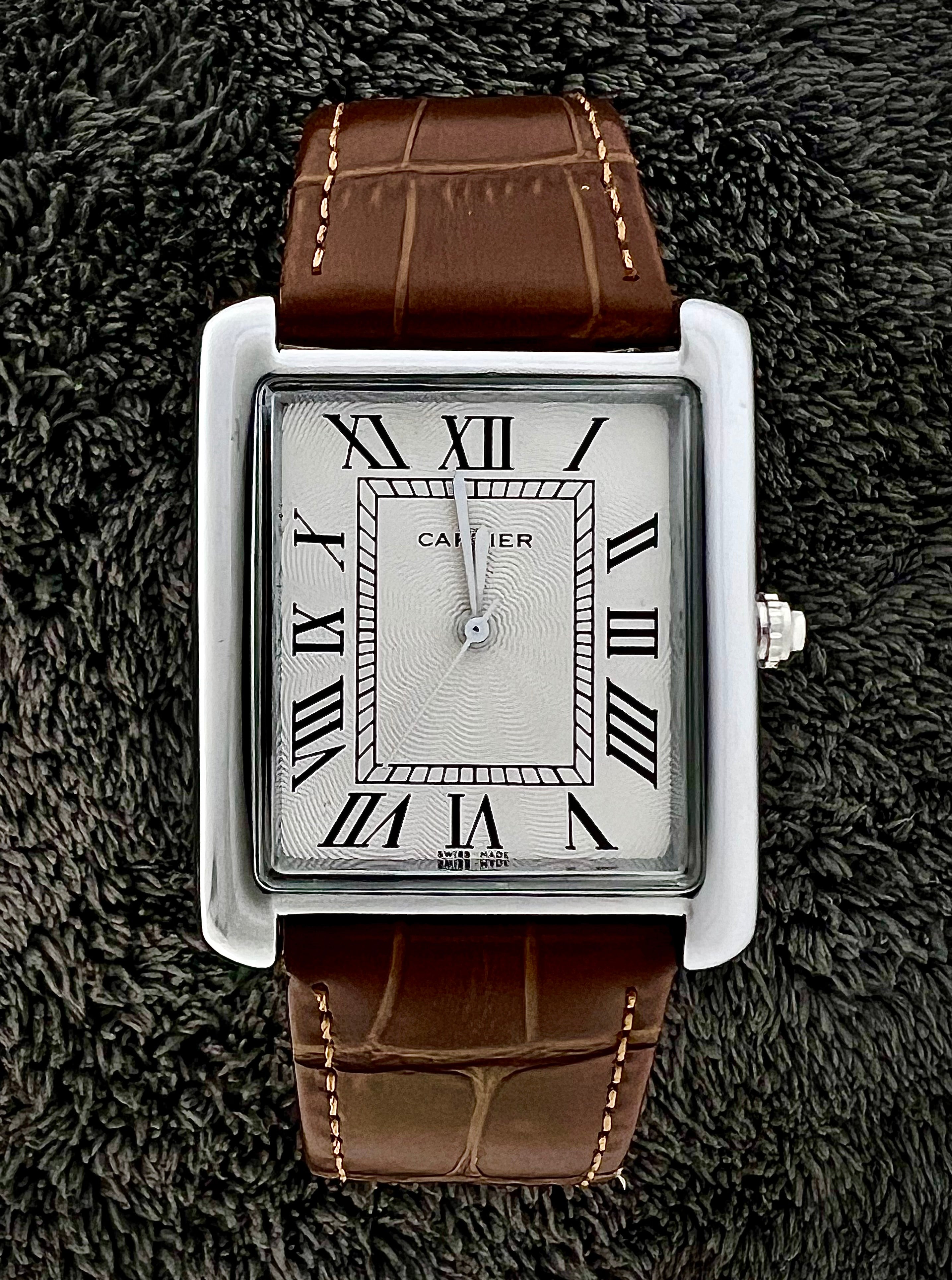 Cartier Tank Roman Numerals Watch – Brown-Silver Leather Strap | White Dial