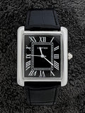 Cartier Tank Roman Numerals Watch – Black-Silver Leather Strap | Black Dial