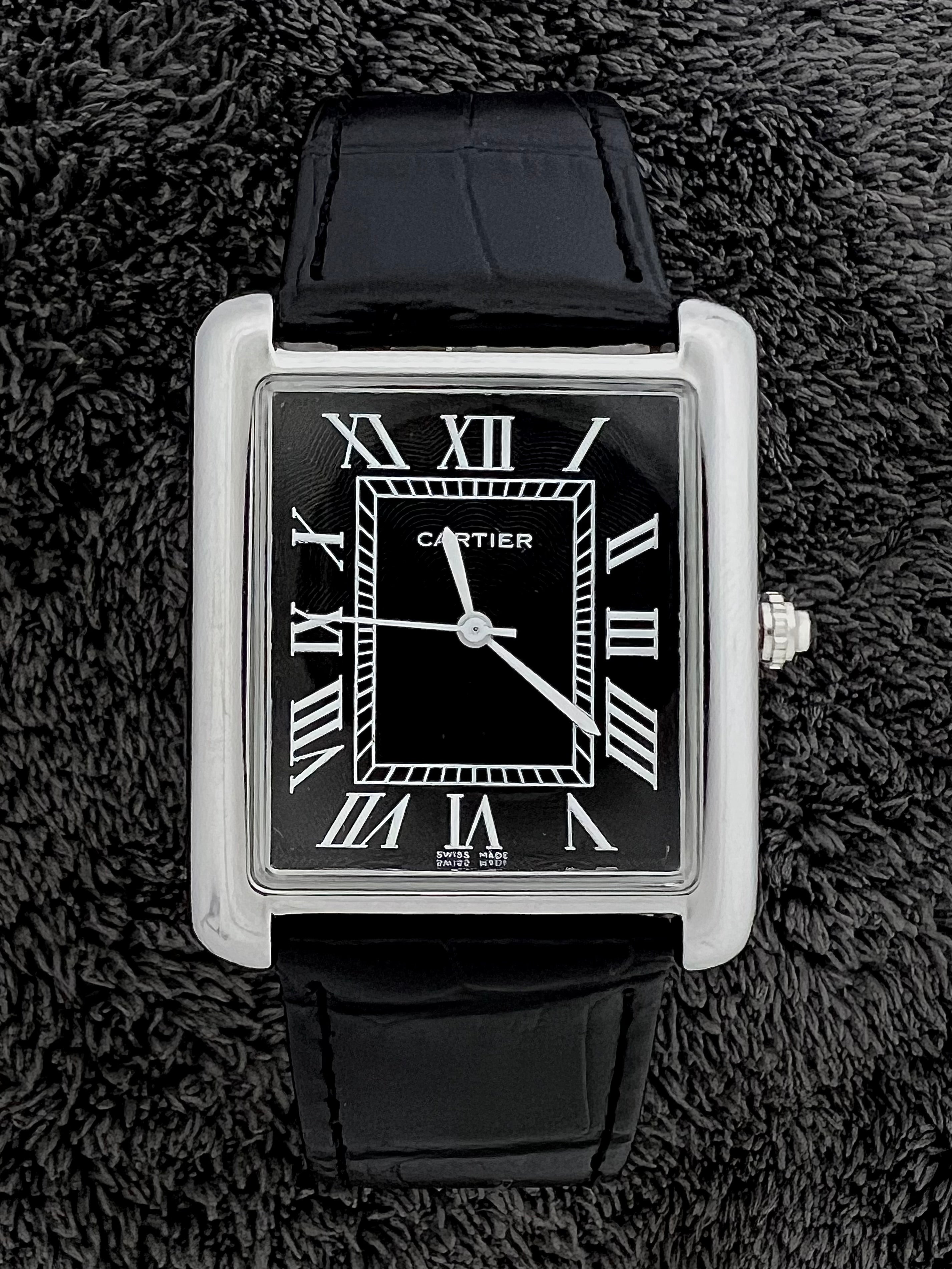 Cartier Tank Roman Numerals Watch – Black-Silver Leather Strap | Black Dial