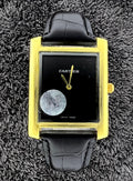 Cartier Tank Plain Dial Watch – Black-Golden Leather Strap | Black Dial