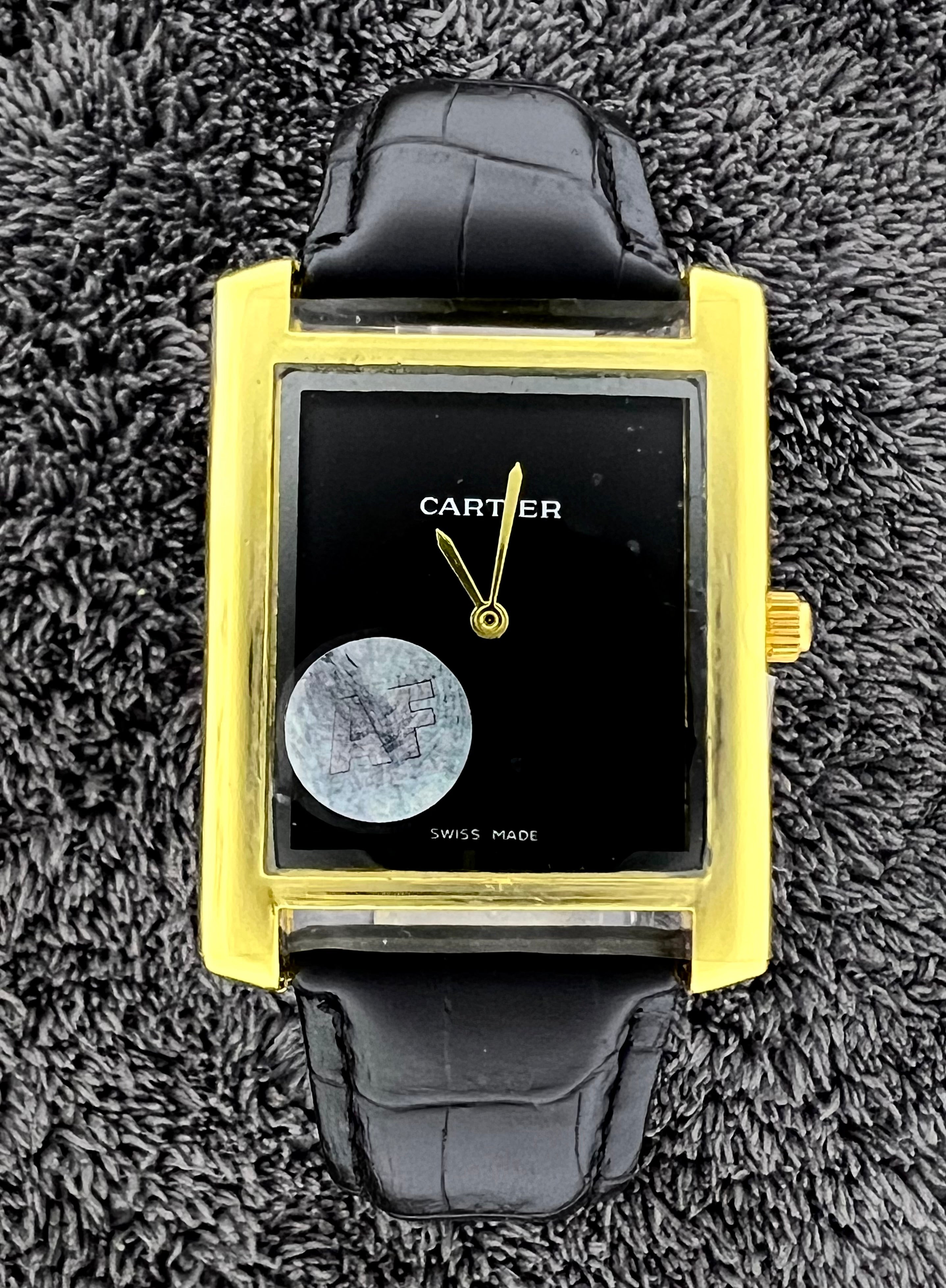 Cartier Tank Plain Dial Watch – Black-Golden Leather Strap | Black Dial