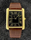 Cartier Tank Roman Numerals Watch – Brown-Golden Leather Strap | Black Dial
