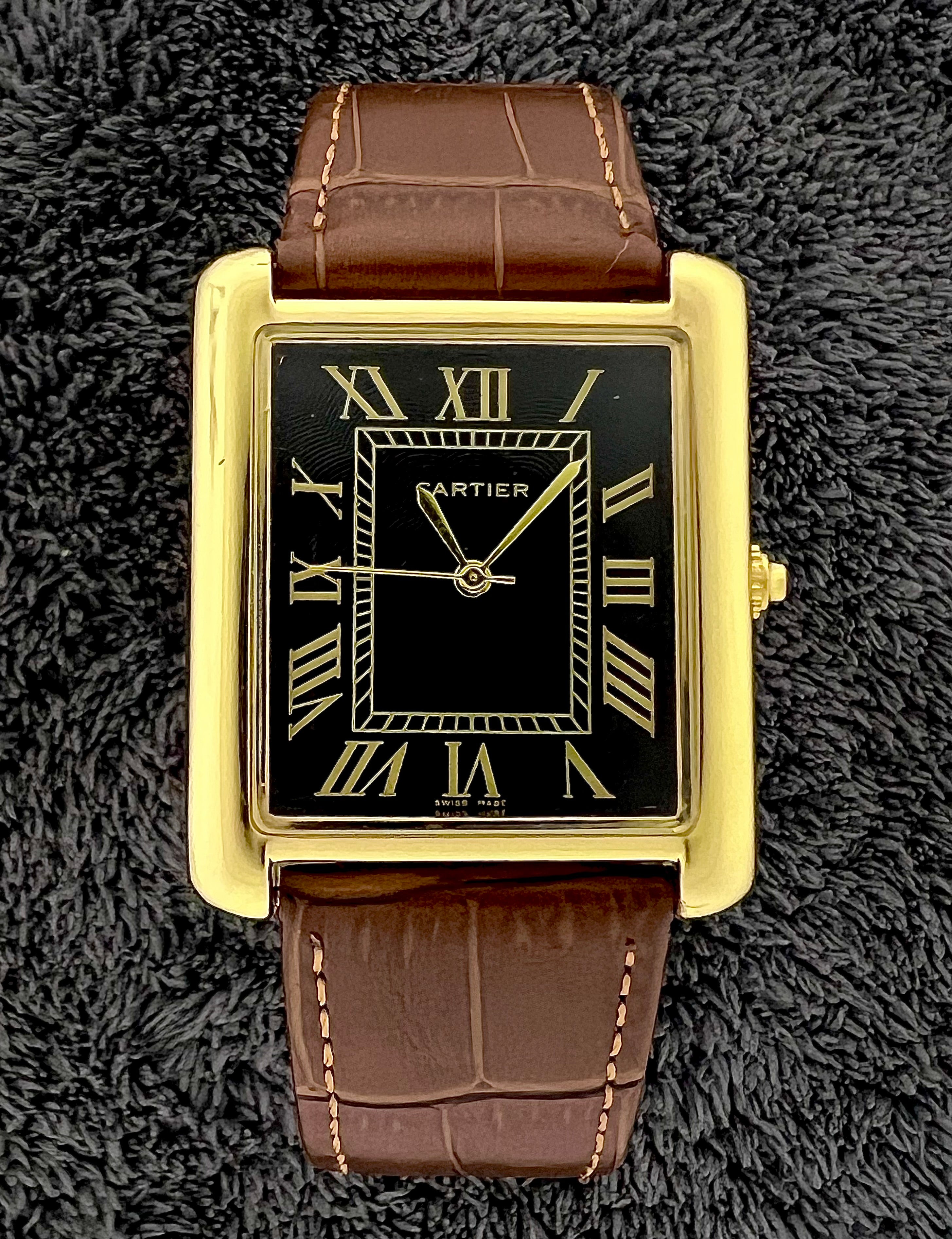 Cartier Tank Roman Numerals Watch – Brown-Golden Leather Strap | Black Dial